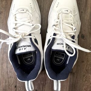 Nike Air Monarch Men’s size 9 E width. White with blue trimmings.